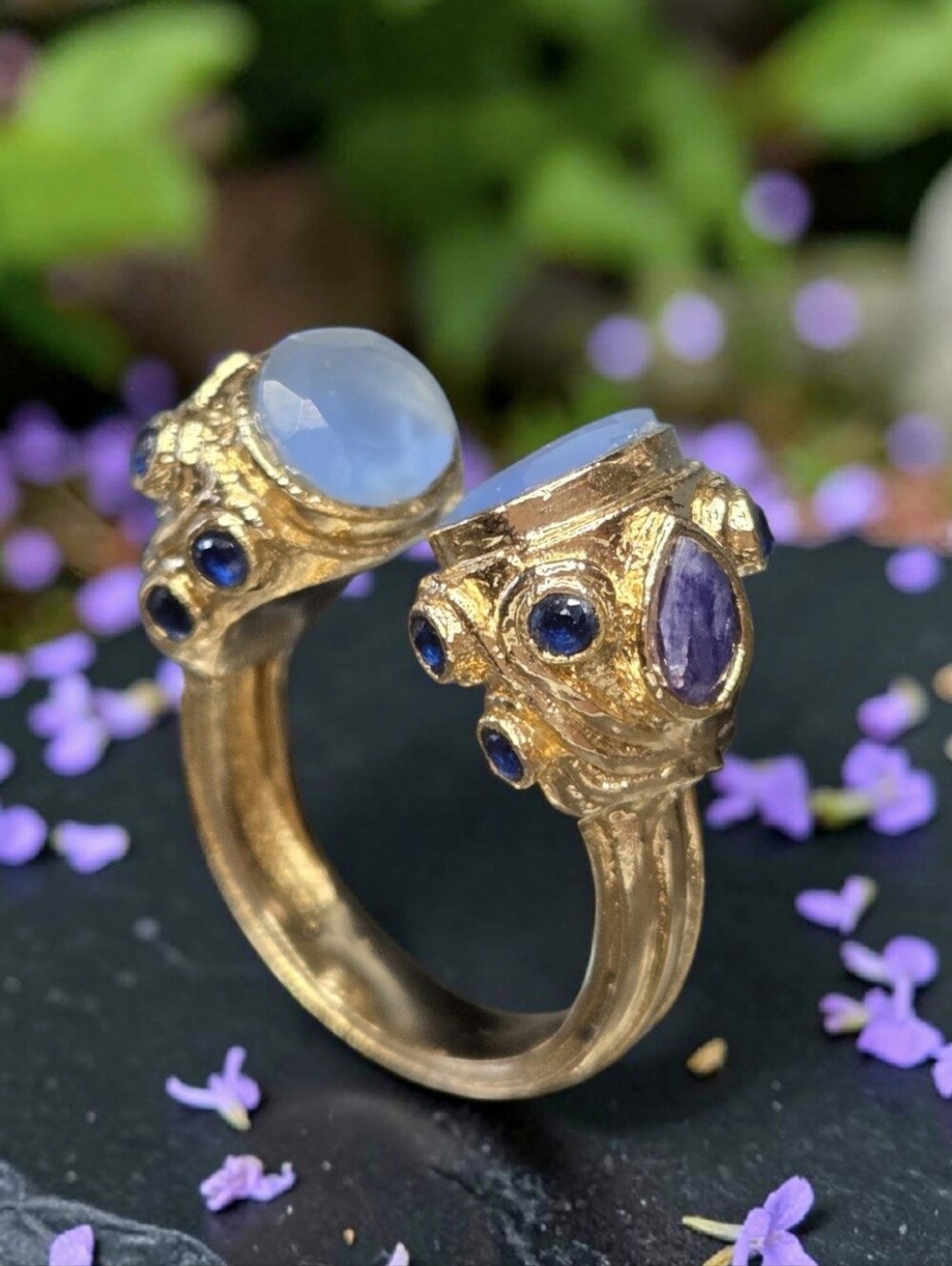 18k Gold Plated Chalcedony Sapphire Amethyst Crystal Byzantine Revival Ring